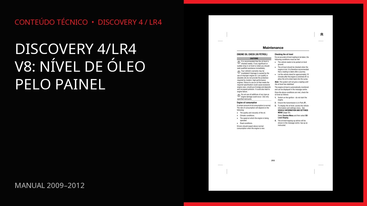 Discovery 4/LR4 V8: nível de óleo pelo painel